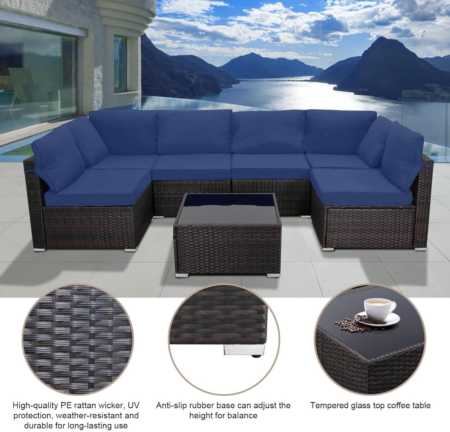 7 Pieces Outdoor Patio Furniture Sets,Rattan Conversation Sectional Set,Manual Weaving Wicker Patio Sofa with Tea Table