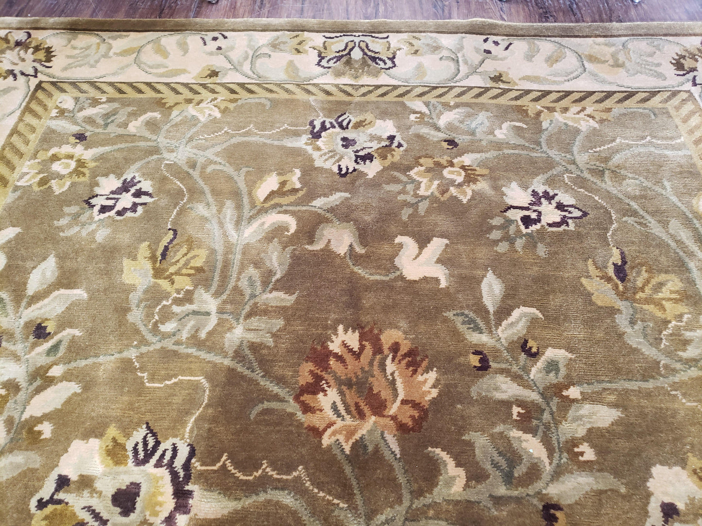 8x10 Rug - Plush Tibetan Rug - Green & Beige Floral Rug - Large Handmade Wool Rug - 250x300 Carpet