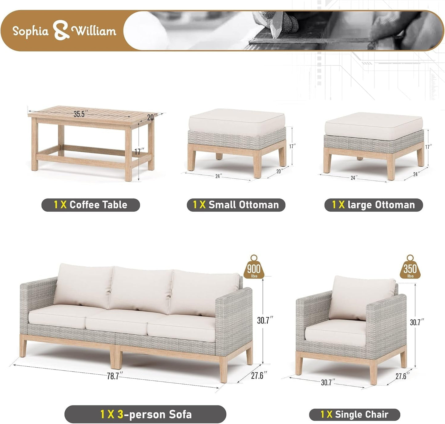 Outdoor Patio Furniture Sets, 5-Piece All-Weather Patio Conversation Set, High Back Wicker Rattan Setional Sofa with Large Single Sofa Chairs, Ottomans & Wooden Coffee Table (Beige)-2