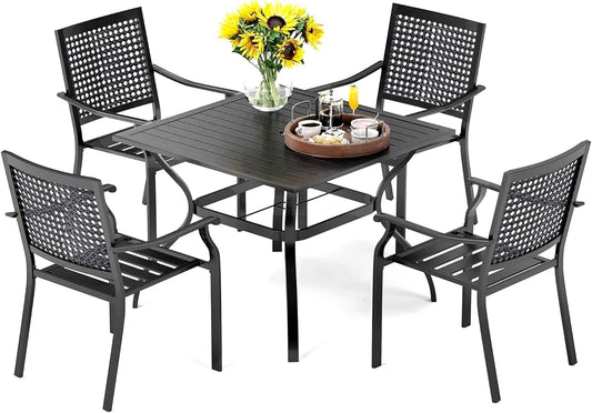 5 Pieces Outdoor Meal Dining Set for 4, Square Wrought Iron Table & Stackable Dining Chairs, Heavy-Duty Dining Furniture Set for Patio, Deck, Backyard, Porch-0