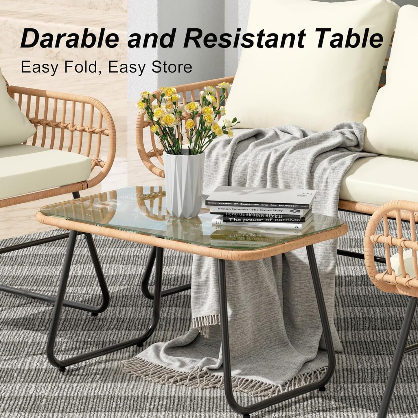 Stylish Four-Piece Outdoor Rattan Furniture Set with Cushions