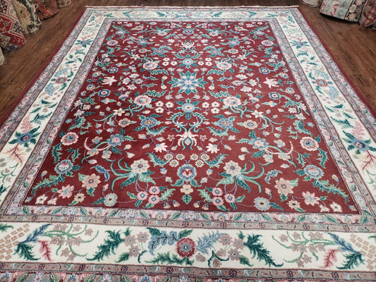 Indo Persian Rug 7.9 x 9.9 ft, Room Sized Indian Carpet, Wool Handmade Vintage Rug, Allover Floral Rug, Traditional Rug, Red Ivory Blue 8x10-0