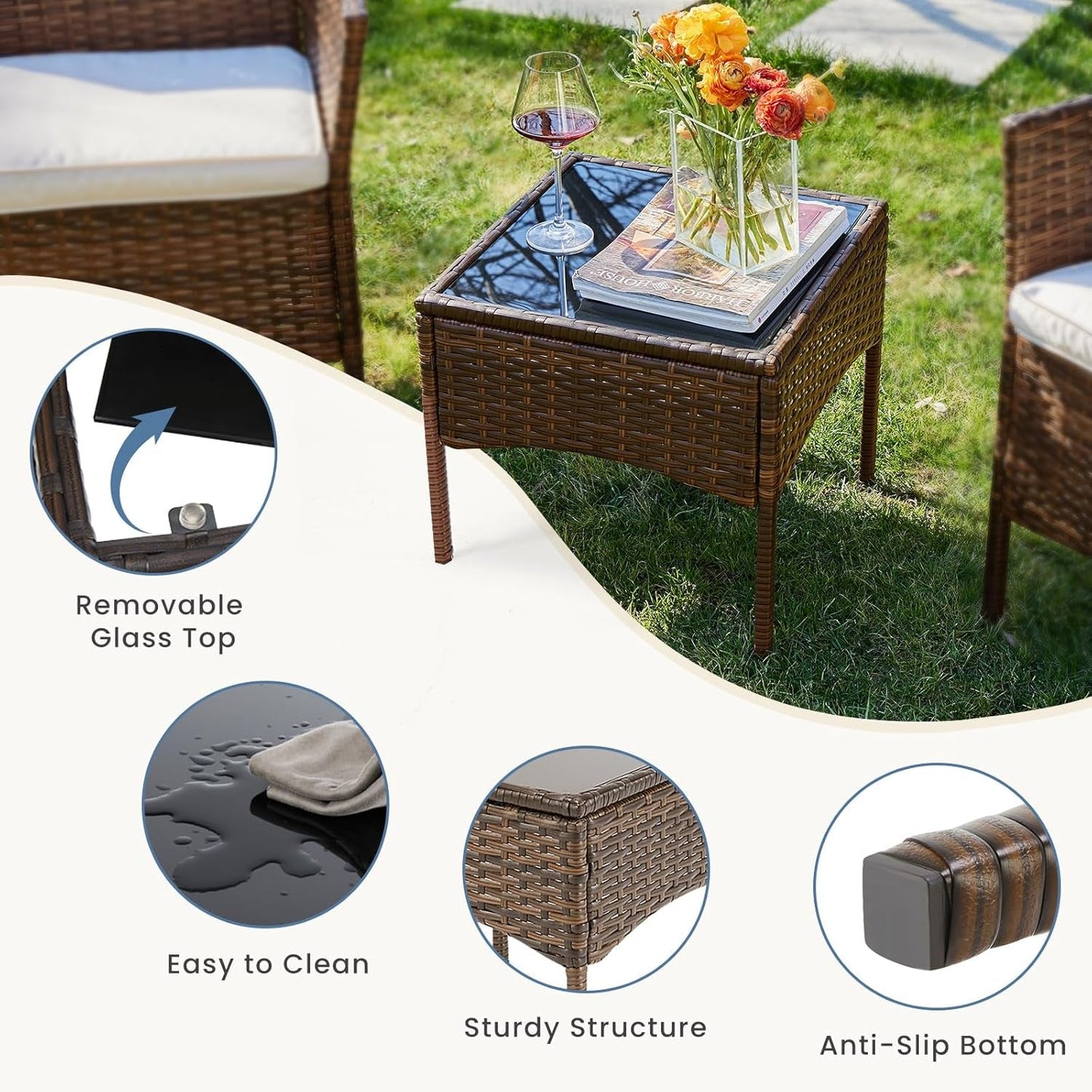 Patio Furniture Set 3 Pieces, Outdoor Wicker Furniture with Coffee Table, Modern Rattan Patio Chairs Conversation Sets with Sofa for Garden, Terrace, Porch, Balconies, Lawns(Brown and Beige)-2