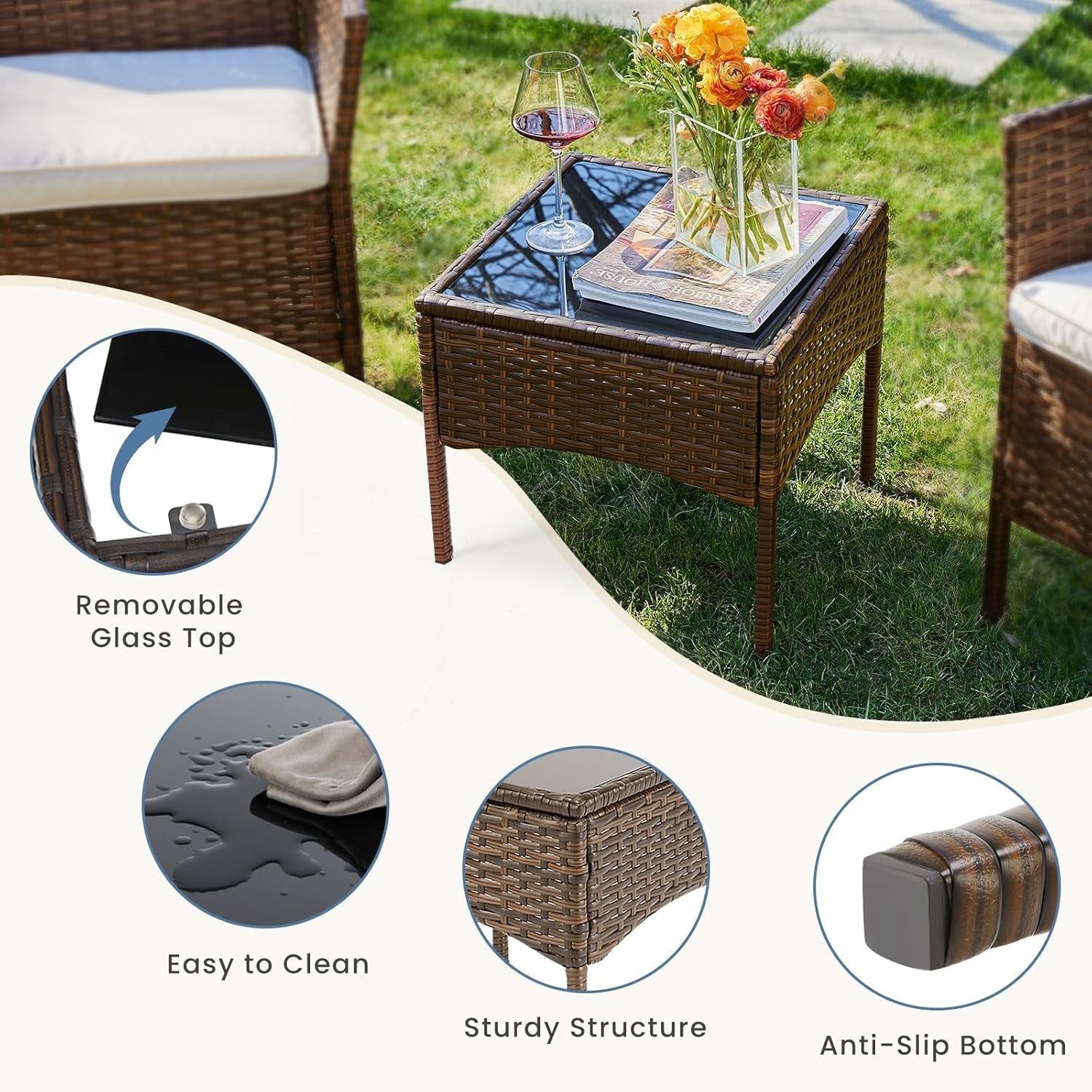 Patio Furniture Set 3 Pieces, Outdoor Wicker Furniture with Coffee Table, Modern Rattan Patio Chairs Conversation Sets with Sofa for Garden, Terrace, Porch, Balconies, Lawns(Brown and Beige)-2