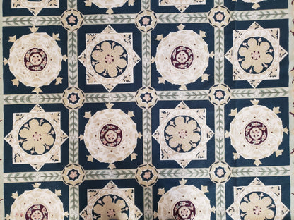 Vintage Chinese Needlepoint Rug 6x9, Panel Design Area Rug Wool Hand-Woven Black & Ivory Carpet Flat Weave Bedroom Rug 6 x 9 Living Room Rug-3