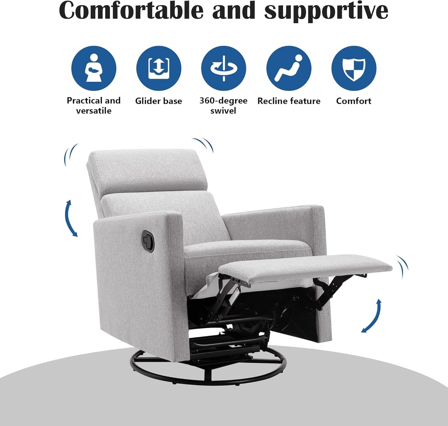 Modern Upholstered Manual Swivel Recliner Chair W/Headsupport Adjustable Nursery Glider Rocker for Living Room, Bedroom Gray