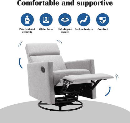 Modern Upholstered Manual Swivel Recliner Chair W/Headsupport Adjustable Nursery Glider Rocker for Living Room, Bedroom Gray