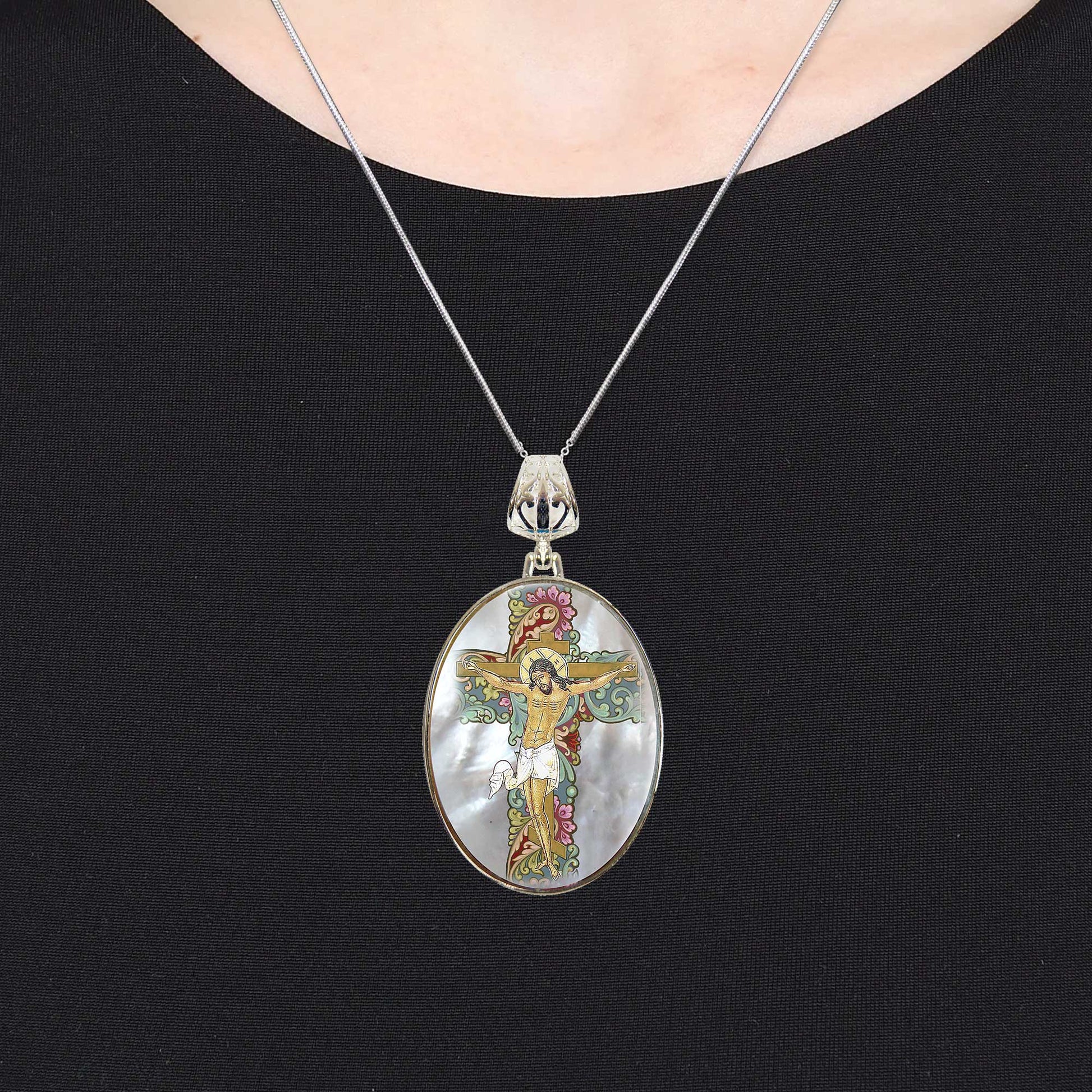 Jesus Cross Silver-Plated Mother of Pearl Necklace Jewelry - 43030-3