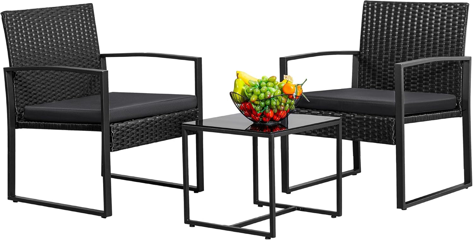 3 Piece Wicker Conversation Bistro Sets Outdoor Patio Set Modern Rattan Chair Furniture Sets with Coffee Table for Yard Garden Porch Lawn (Black)-0