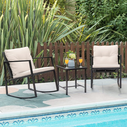 3 Pieces Rocking Wicker Bistro Set, Patio Outdoor Furniture Conversation Sets with Porch Chairs and Glass Coffee Table, Beige-0