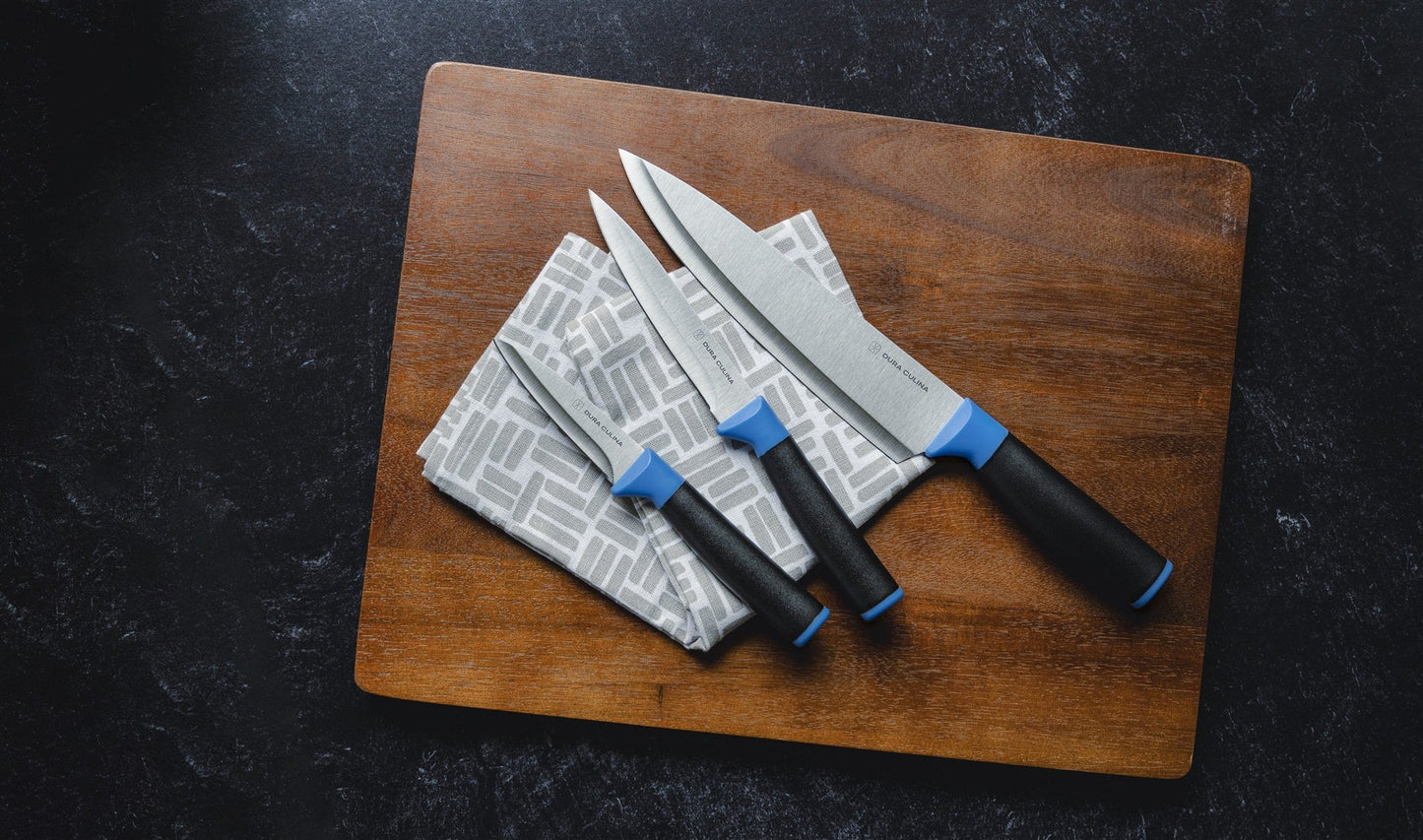 Duo-Grip 3 Piece Kitchen Knife Set With Blade Guards, Blue-3