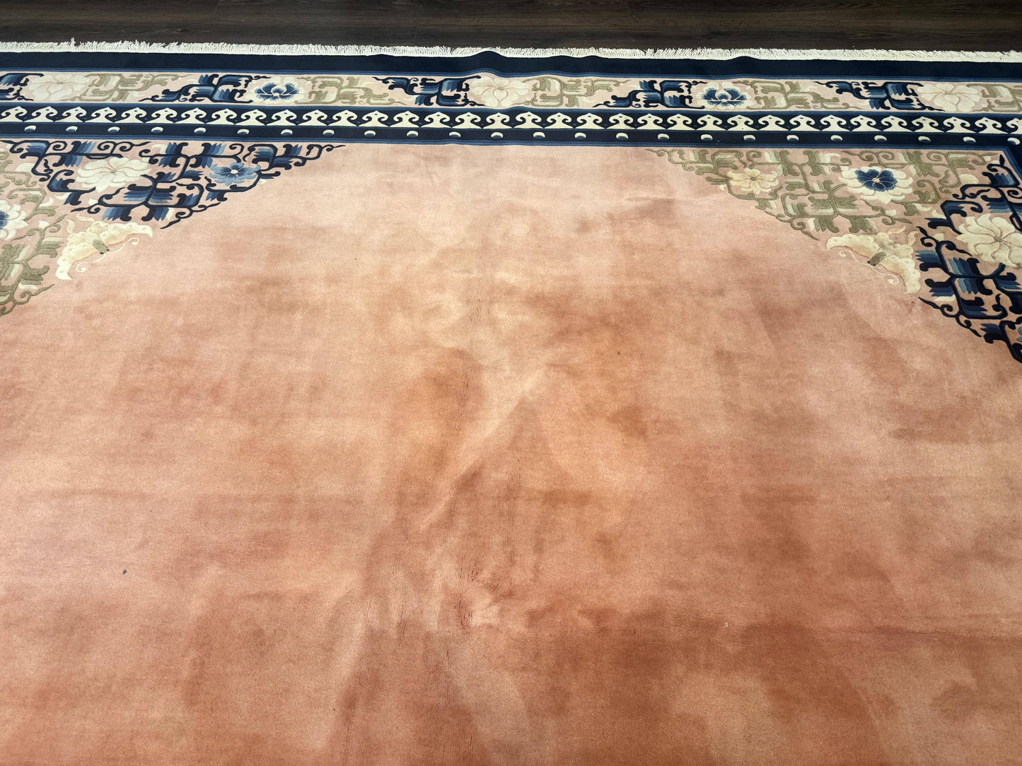 Chinese Wool Rug 11x18, Palace Sized Chinese Carpet, Peking Rug, Peach and Blue, Open Field, Simple Design, Art Deco Rug, Large Handmade Rug-2