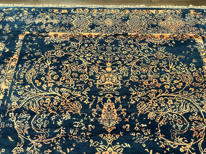 Area Rug 8x10 High Quality Handmade Oriental Carpet, Modern Contemporary Rug, Rug for Living Room, Wool Rug, Blue and Gold, Pakistani Rug