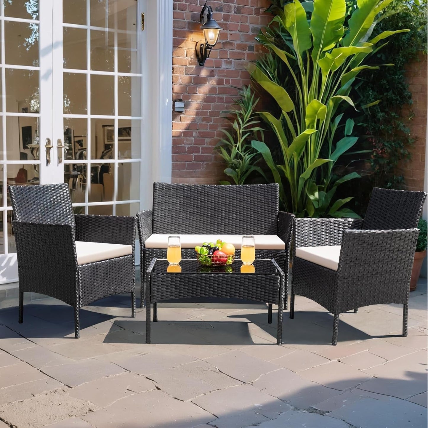 Patio Furniture 4 Pieces Conversation Sets Outdoor Wicker Rattan Chairs Garden Backyard Balcony Porch Poolside Loveseat with Cushion and Glass Table, Black and Beige-4