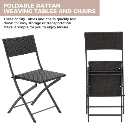 Rattan Patio Bistro Set, 3 Piece Foldable Outdoor Patio Furniture Sets, with Folding Table and Two Chairs, for Garden, Backyard, Pool, Lawn, Porch, Balcony, All Weather Rattan Style (Black)-3