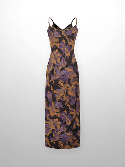A-Line V Neck Slip Dress-Purple Floral
