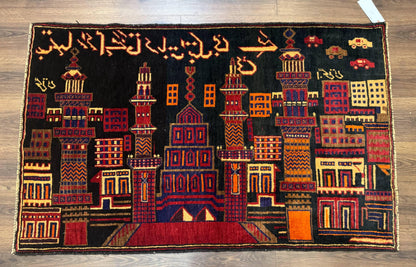 Balouch Rug 3x5, City Pictorial, Afghan Rug