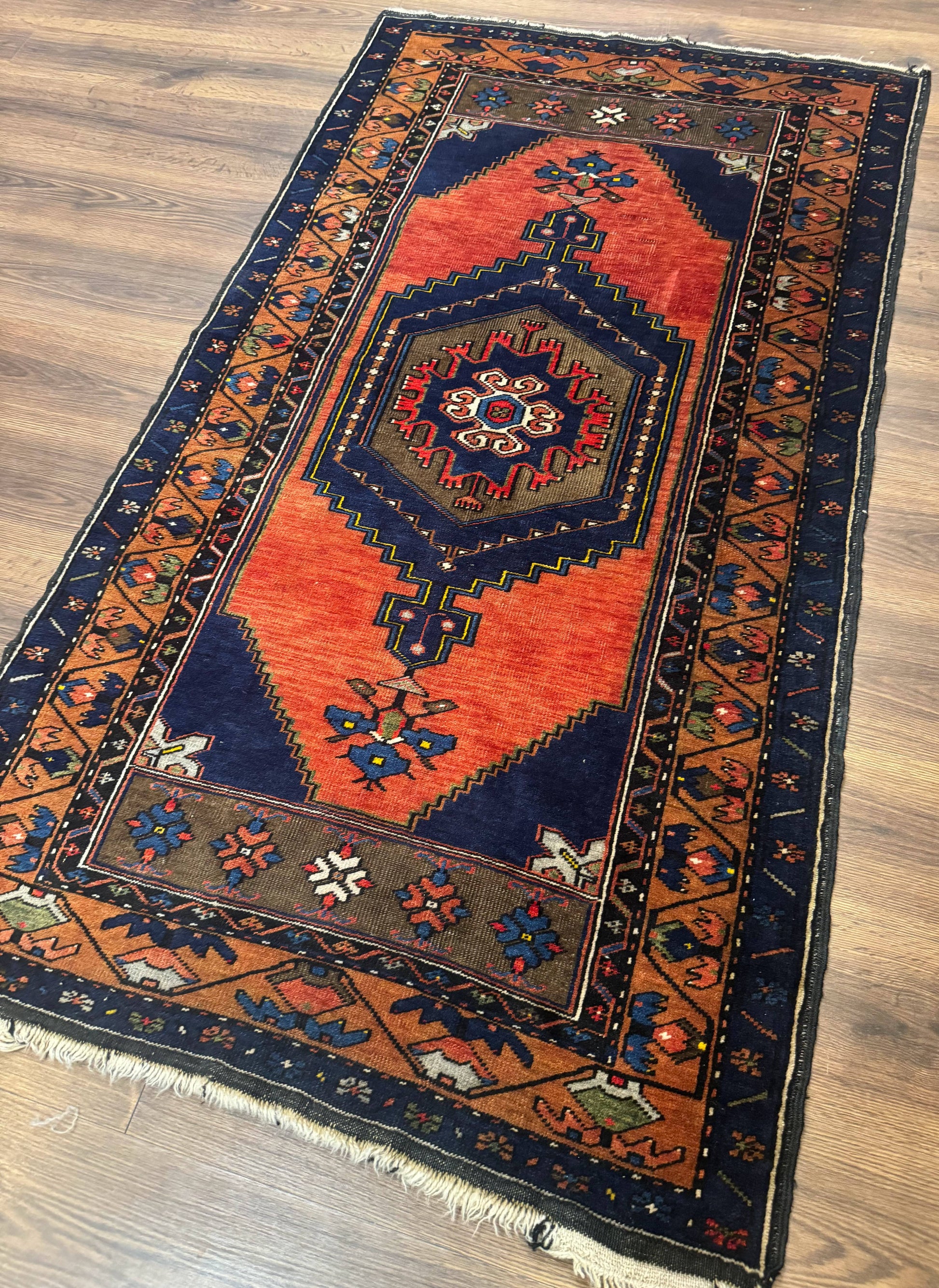 Persian Rug 3x6, Geometric Medallion, Village Tribal Rug, Terracotta and Navy Blue, Antique Nahavand Hamadan Rug-1