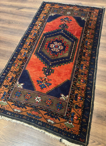 Persian Rug 3x6, Geometric Medallion, Village Tribal Rug, Terracotta and Navy Blue, Antique Nahavand Hamadan Rug-1