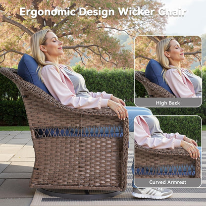 Patio Furniture Set, 5 Pieces Outdoor Conversation Set, All Weather Wicker Patio Furniture W/ Swivel Glider Rocking Chair, Ottoman, 3-Seat Couch & Comfy Cushions for Backyard, Deck, Poolside, Porch