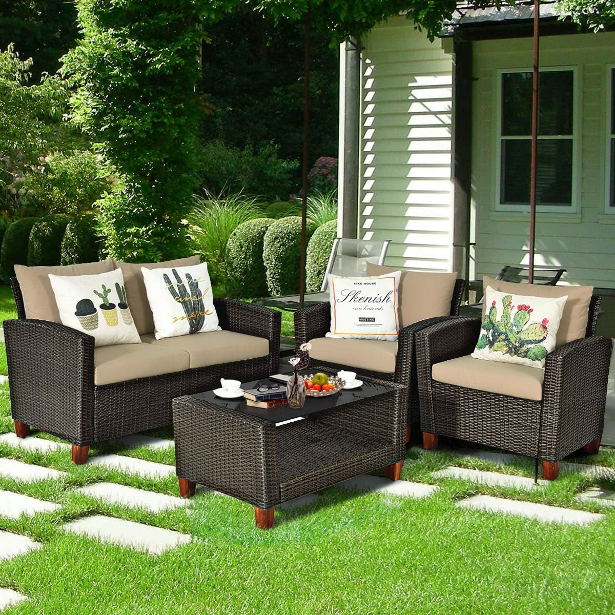 4 Piece Patio Rattan Furniture Set, Onesize, Beige-1