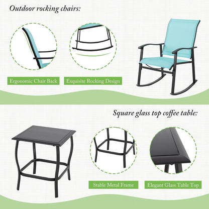 3 Piece Rocking Bistro Set, Outdoor Furniture with Rocker Chairs and Glass Coffee Table Set of 3, Balcony, Porch Furniture for Small Space, Blue