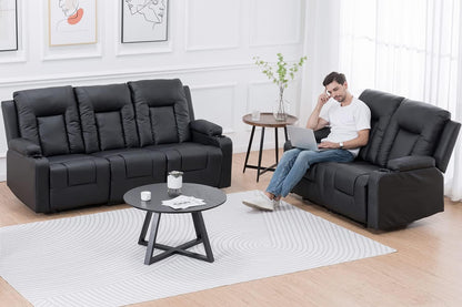 Recline Chair Set，Furniture 2PC Bonded Leather Recliner Set Living Room Set, Sofa, Loveseat（Black,Living Room Set3+2）-2