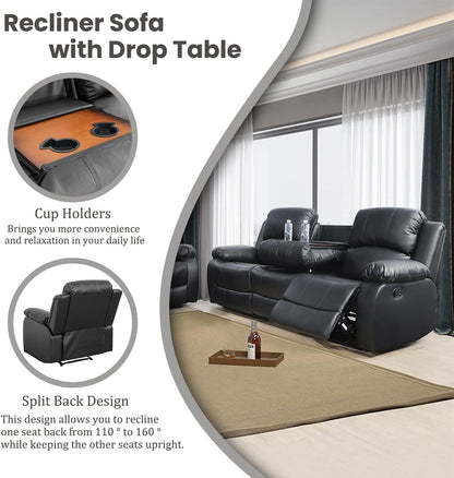 Manual Recliner Sofa Set, Bonded Leather Sofa Set Living Room Furniture, Reclining Sofa Set Leather Recliner Couch with Cup Holder/Storage Console for Living Room (3 Pieces Couch Set,Black)-3