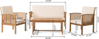 Patio Furniture Set 4 Pieces Outdoor Acacia Wood Conversation Sets with Coffee Table & Cushions, Garden Conversation Bistro Sets for Patio, Lawn, Yard, Pool or Backyard, Brown-3