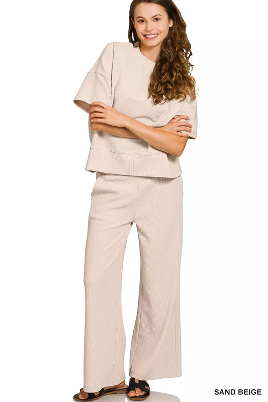 Zenana Ribbed Round Neck Tee & Pants Set-0
