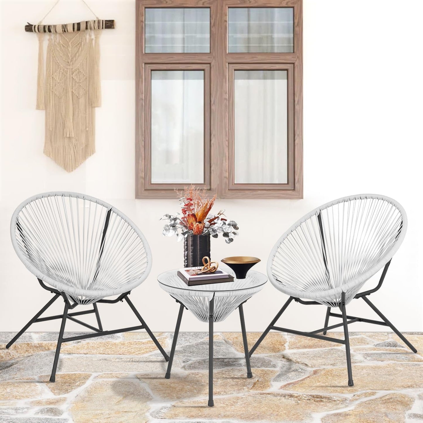Acapulco Patio Bistro Set 3-Piece Outdoor Furniture Set All-Weather Woven Rope Patio Conversation Set with Glass Top Table and 2 Chairs (White)-1