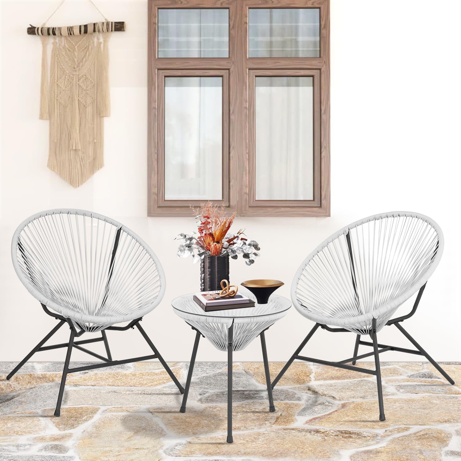 Acapulco Patio Bistro Set 3-Piece Outdoor Furniture Set All-Weather Woven Rope Patio Conversation Set with Glass Top Table and 2 Chairs (White)-1