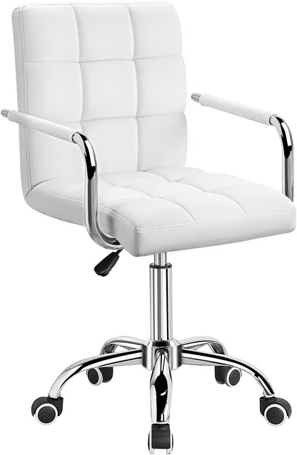 Mid-Back Office Task Chair Ribbed PU Leather Executive Modern Adjustable Home Desk Retro Comfortable Work Chair 360 Degree Swivel with Arms (White)-0