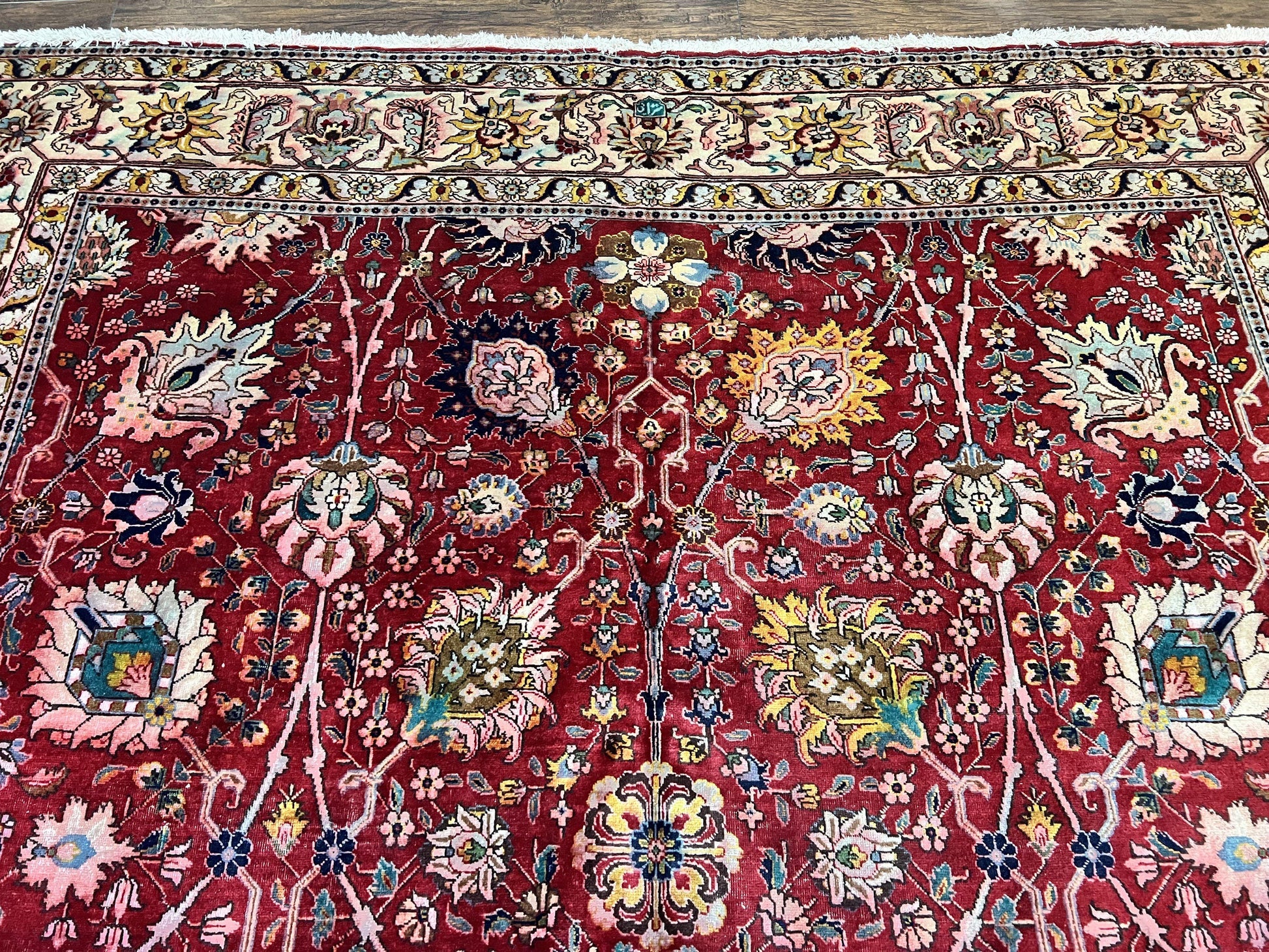 Persian Tabriz Rug 10x12, Floral Allover, Handmade Vintage Wool Carpet, Red and Cream-2