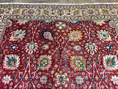 Persian Tabriz Rug 10x12, Floral Allover, Handmade Vintage Wool Carpet, Red and Cream-2