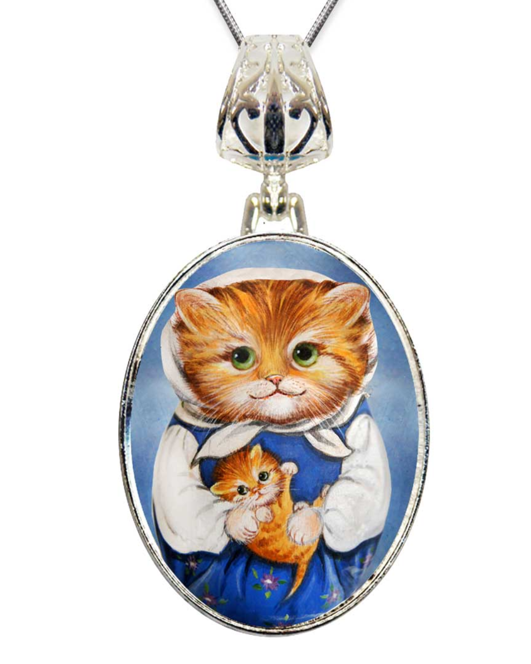 Mother Cat Silver Plated Mother of Pearl Jewelry Pendant Necklace - 44039O