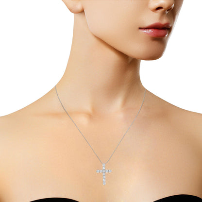 .925 Sterling Silver 1.0 Cttw Prong Set Round-Cut Diamond Cross 18" Pendant Necklace (I-J Color, I2-I3 Clarity)-4