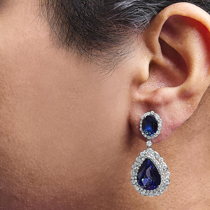 18K White Gold Blue Sapphire 2 3/4 Cttw Diamond Halo Drop Dangle Earring (G-H Color, SI1-SI2 Clarity)-3