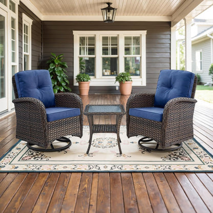 Patio Wicker Chairs Swivel Rocker Outdoor Swivel Rocking Chairs Set of 2 with Rattan Side Table Swivel Glider Chair 3 Piece Patio Furniture Sets for Patio Porch Pool Brown/Blue, (A085-1)-1