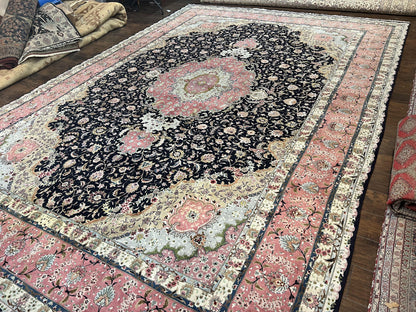 Magnificent Persian Tabriz Rug 11x16, Oversized Persian Carpet 11 x 16 ft, Wool on Silk Finely Hand Knotted, 450 KPSI, Floral Medallion, Black Pink-1