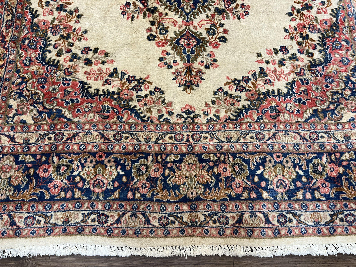 Persian Rug 9x10, Hamadan Rug, Antique Oriental Carpet, Wool Rug, Semi Open Field, Cream and Navy Blue, Kirman Design Hand Knotted Almost Square Rug-4