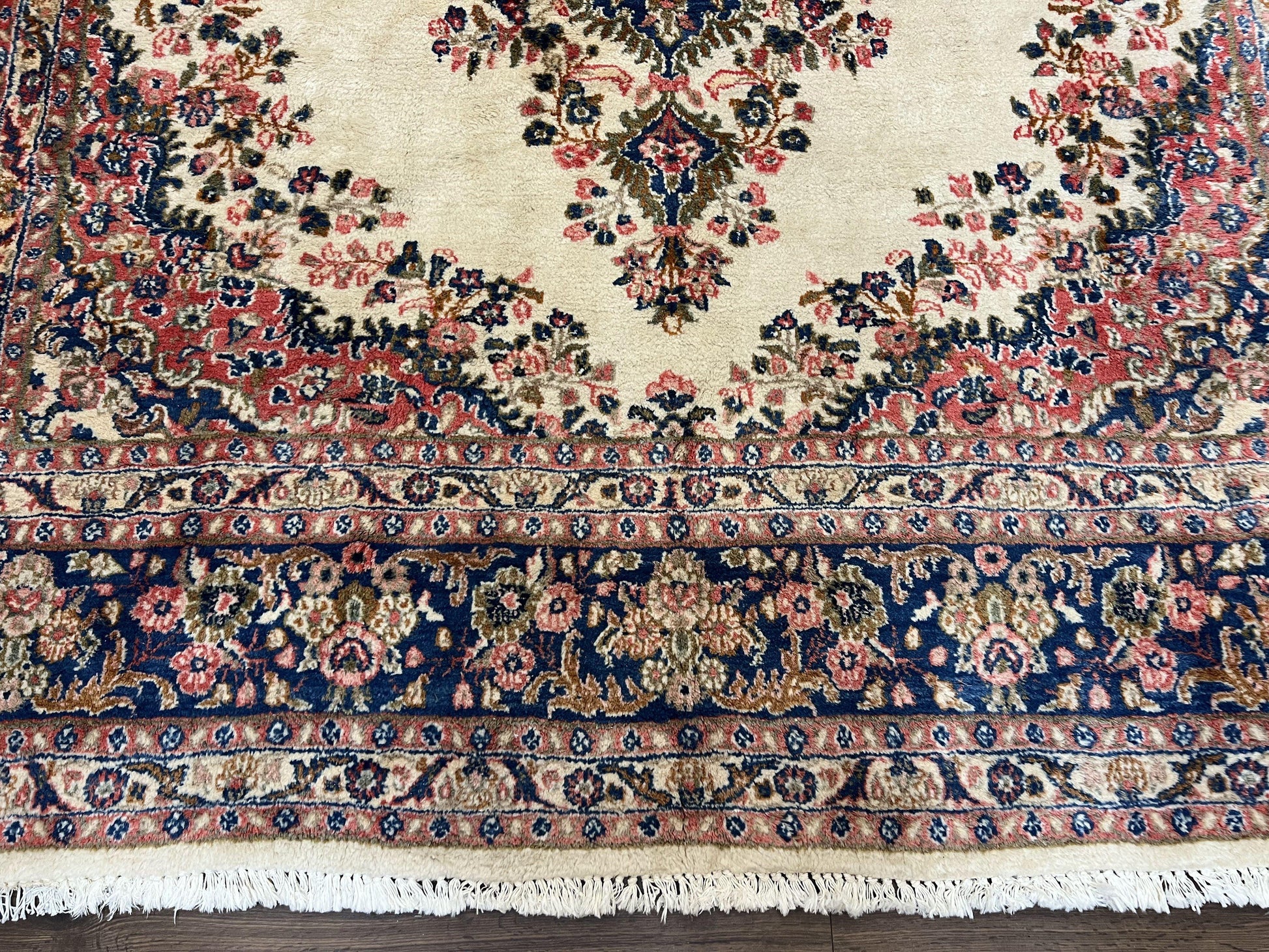 Persian Rug 9x10, Hamadan Rug, Antique Oriental Carpet, Wool Rug, Semi Open Field, Cream and Navy Blue, Kirman Design Hand Knotted Almost Square Rug-4