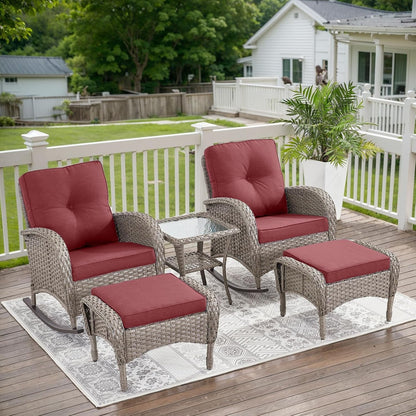 5 Piece Patio Rocking Chairs Furniture Set - Outdoor Wicker Furniture with Ottomans and Side Table, Rattan Conversation Bistro Set for Porch Balcony Backyard