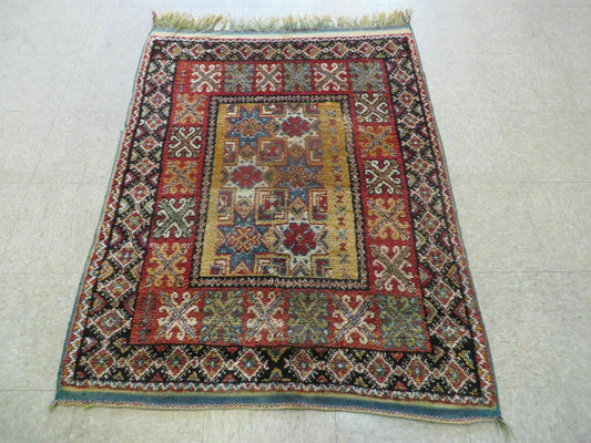 Vintage Moroccan Rug 4x5 ft, Bronze Red Black, Geometric Stars, High Quality Moroccan Carpet, Berber Rug, Handmade Wool Area Rug, Unique Rug-0