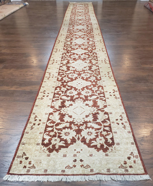 21 ft Runner Rug Long Hallway Runner, 3 x 21 Corridor Rug, Peshawar Pak Persian Chobi Agra Rug, Maroon and Beige Large Flowers Wool Handmade-0