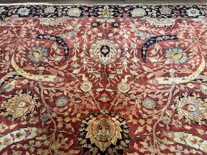 Indian Agra Rug 9x11, Terracotta and Navy Blue, Sickle Leaf Rug-2