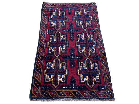 2' 7" X 4' 6" Vintage Handmade Tribal Wool Rug Balouchi Rug Afghan Rug Red Blue-0