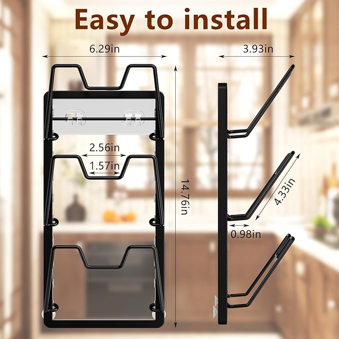 FEIZHI pot lid organizer Rack, 3-tier adjustable and removable Pot Lids Holder for Kitchen Cabinet Door/Wall, No Drilling Adhesive Wall/Door Mounted Rustproof pots and pans organizer under cabinet