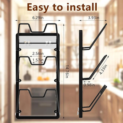 FEIZHI pot lid organizer Rack, 3-tier adjustable and removable Pot Lids Holder for Kitchen Cabinet Door/Wall, No Drilling Adhesive Wall/Door Mounted Rustproof pots and pans organizer under cabinet
