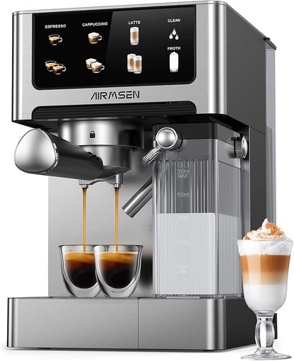 AIRMSEN 20 Bar Espresso Machine with Automatic Milk Frother for Home, Cappuccino & Latte Coffee Maker with Quick Brew Dual Boiler (1350W + 1000W), Stainless Steel, 60oz Water Tank, Touchscreen